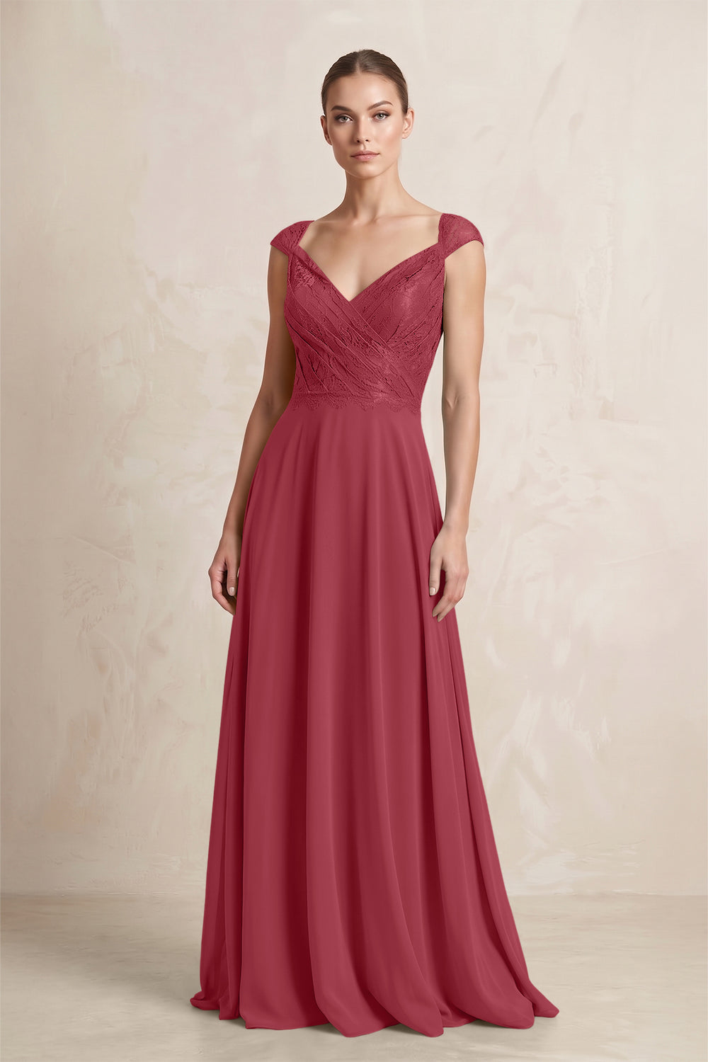 A-Line Chiffon V-Neck Pleated Bridesmaid Dress with Cap Sleeves in Merlot
