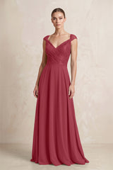 A-Line Chiffon V-Neck Pleated Bridesmaid Dress with Cap Sleeves in Merlot | KISSBRIDAL