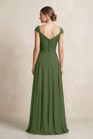 A-Line Chiffon V-Neck Pleated Bridesmaid Dress with Cap Sleeves in Moss (2) | KISSBRIDAL