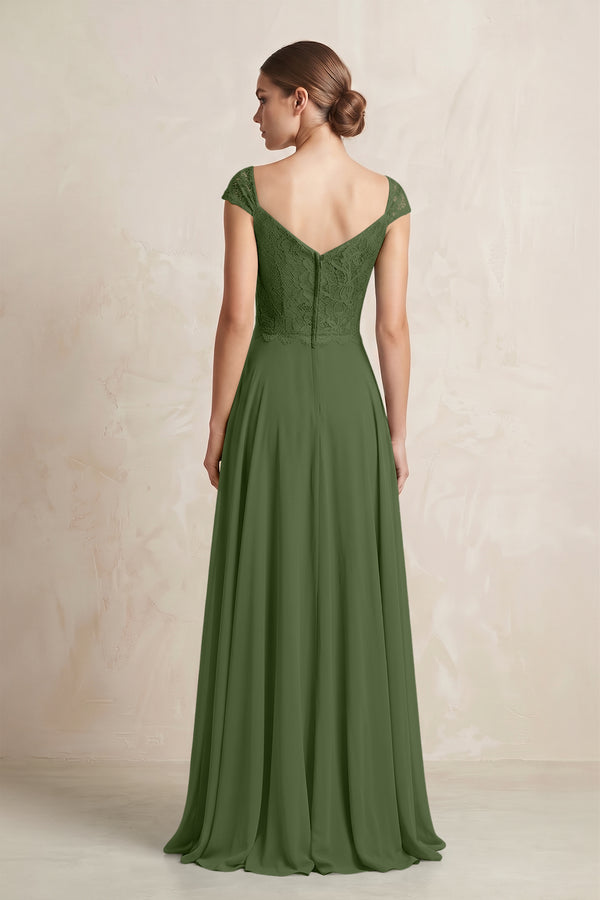 A-Line Chiffon V-Neck Pleated Bridesmaid Dress with Cap Sleeves in Moss (2) | KISSBRIDAL