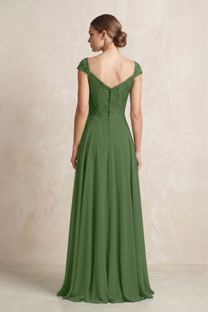 A - Line Chiffon V - Neck Pleated Bridesmaid Dress with Cap Sleeves in Moss - KISS BRIDAL Bridesmaid Dresses