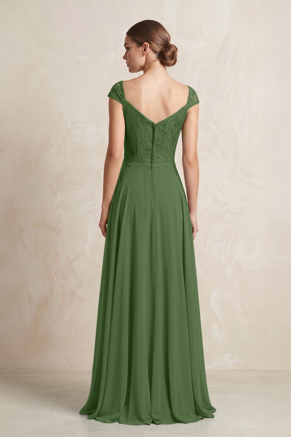 A - Line Chiffon V - Neck Pleated Bridesmaid Dress with Cap Sleeves in Moss - KISS BRIDAL Bridesmaid Dresses