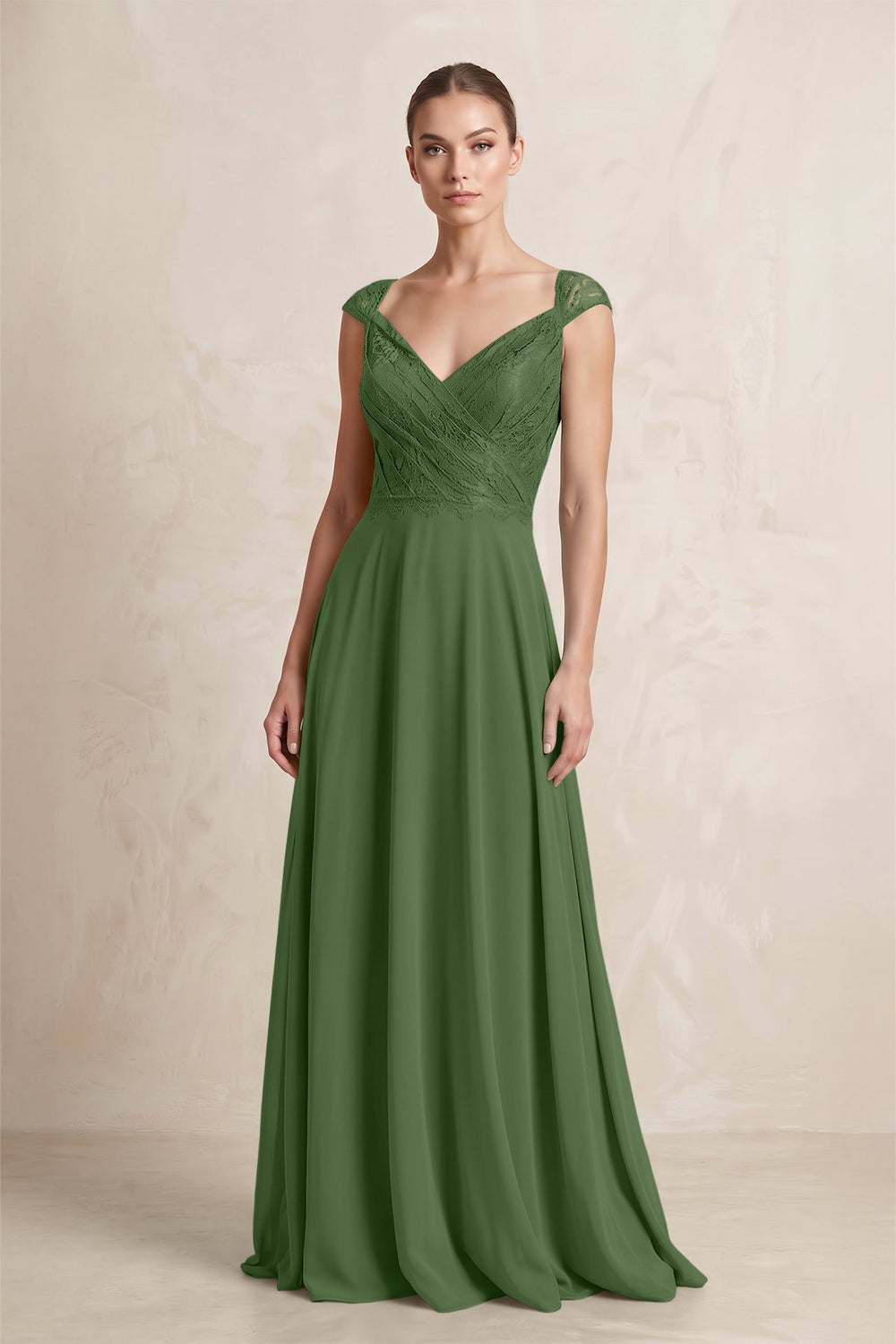 A - Line Chiffon V - Neck Pleated Bridesmaid Dress with Cap Sleeves in Moss - KISS BRIDAL Bridesmaid Dresses