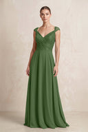 A - Line Chiffon V - Neck Pleated Bridesmaid Dress with Cap Sleeves in Moss - KISS BRIDAL Bridesmaid Dresses