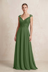 A - Line Chiffon V - Neck Pleated Bridesmaid Dress with Cap Sleeves in Moss - KISS BRIDAL Bridesmaid Dresses