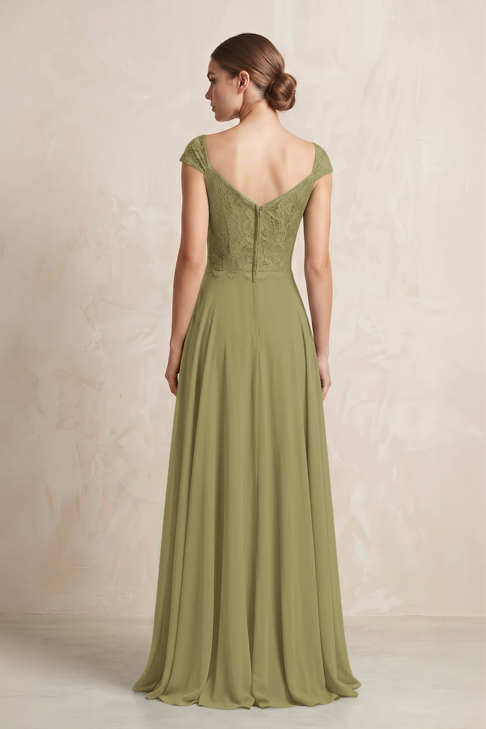 A-Line Chiffon V-Neck Pleated Bridesmaid Dress with Cap Sleeves in Moss Green