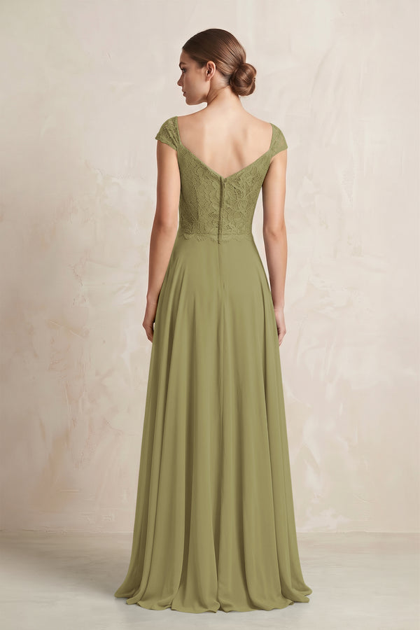 A-Line Chiffon V-Neck Pleated Bridesmaid Dress with Cap Sleeves in Moss Green (2) | KISSBRIDAL
