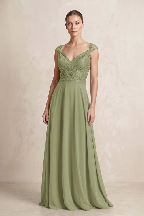 A - Line Chiffon V - Neck Pleated Bridesmaid Dress with Cap Sleeves in Moss Green - KISS BRIDAL Bridesmaid Dresses