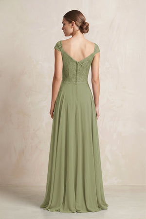 A - Line Chiffon V - Neck Pleated Bridesmaid Dress with Cap Sleeves in Moss Green - KISS BRIDAL Bridesmaid Dresses