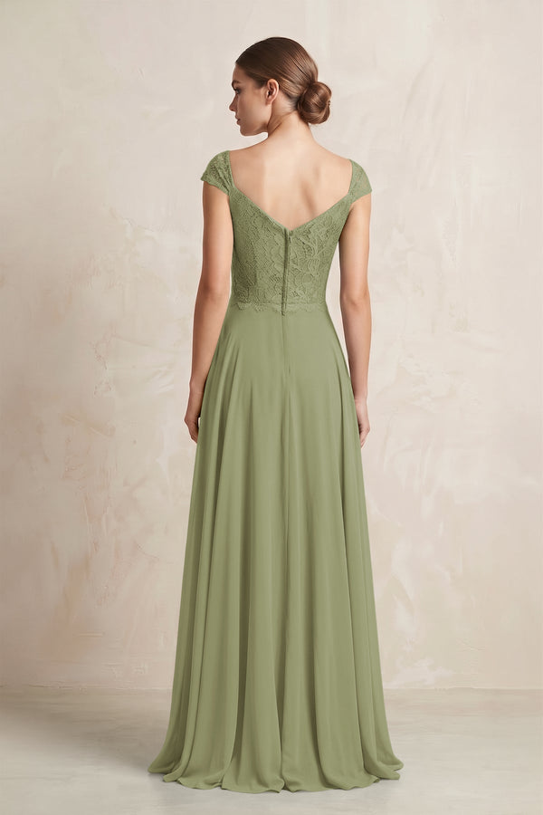 A - Line Chiffon V - Neck Pleated Bridesmaid Dress with Cap Sleeves in Moss Green - KISS BRIDAL Bridesmaid Dresses