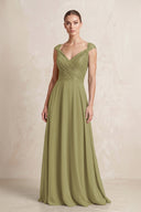 A-Line Chiffon V-Neck Pleated Bridesmaid Dress with Cap Sleeves in Moss Green | KISSBRIDAL
