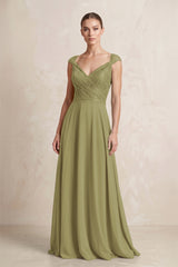 A-Line Chiffon V-Neck Pleated Bridesmaid Dress with Cap Sleeves in Moss Green | KISSBRIDAL