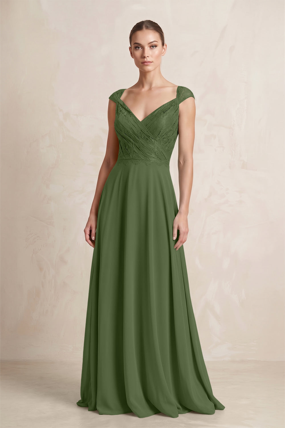 A-Line Chiffon V-Neck Pleated Bridesmaid Dress with Cap Sleeves in Moss