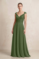 A-Line Chiffon V-Neck Pleated Bridesmaid Dress with Cap Sleeves in Moss | KISSBRIDAL