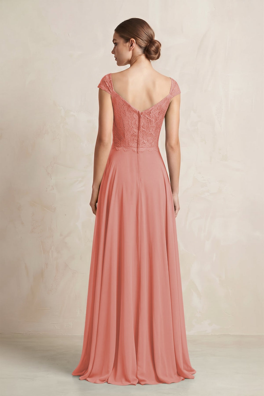 A - Line Chiffon V - Neck Pleated Bridesmaid Dress with Cap Sleeves in Mulberry - KISS BRIDAL Bridesmaid Dresses