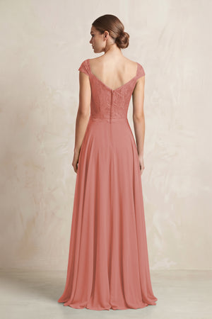 A-Line Chiffon V-Neck Pleated Bridesmaid Dress with Cap Sleeves in Mulberry (2) | KISSBRIDAL