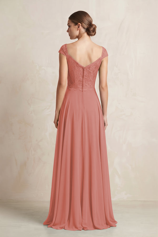 A-Line Chiffon V-Neck Pleated Bridesmaid Dress with Cap Sleeves in Mulberry (2) | KISSBRIDAL