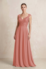 A-Line Chiffon V-Neck Pleated Bridesmaid Dress with Cap Sleeves in Mulberry | KISSBRIDAL
