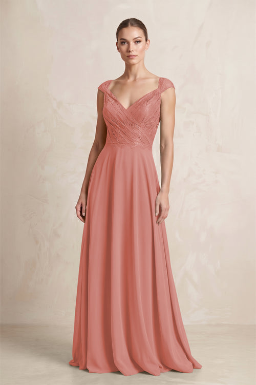 A-Line Chiffon V-Neck Pleated Bridesmaid Dress with Cap Sleeves in Mulberry | KISSBRIDAL