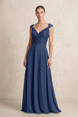 A - Line Chiffon V - Neck Pleated Bridesmaid Dress with Cap Sleeves in Navy - KISS BRIDAL Bridesmaid Dresses