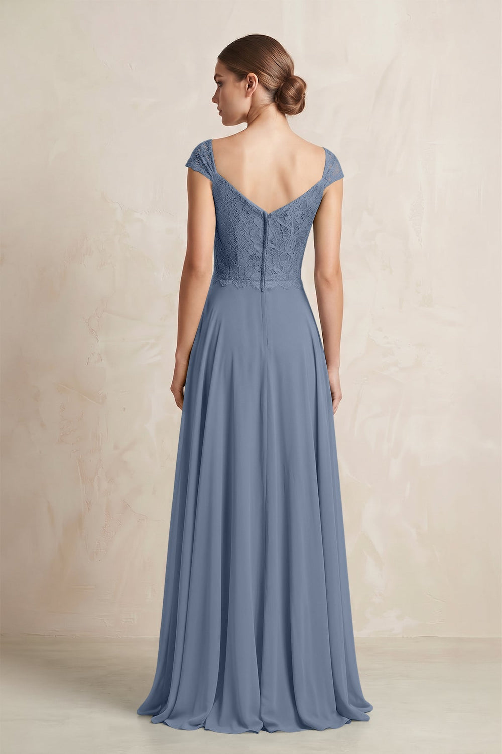 A - Line Chiffon V - Neck Pleated Bridesmaid Dress with Cap Sleeves in Neptune - KISS BRIDAL Bridesmaid Dresses