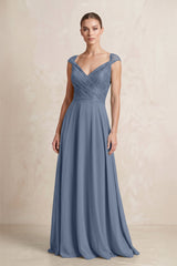 A - Line Chiffon V - Neck Pleated Bridesmaid Dress with Cap Sleeves in Neptune - KISS BRIDAL Bridesmaid Dresses