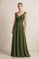 A - Line Chiffon V - Neck Pleated Bridesmaid Dress with Cap Sleeves in Olive - KISS BRIDAL Bridesmaid Dresses