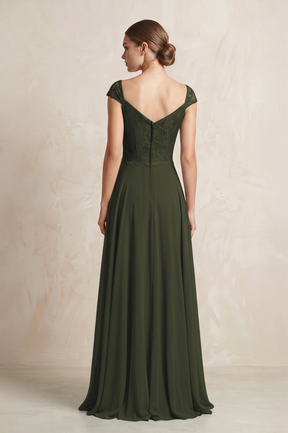 A-Line Chiffon V-Neck Pleated Bridesmaid Dress with Cap Sleeves in Olive