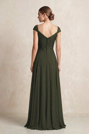 A-Line Chiffon V-Neck Pleated Bridesmaid Dress with Cap Sleeves in Olive (2) | KISSBRIDAL