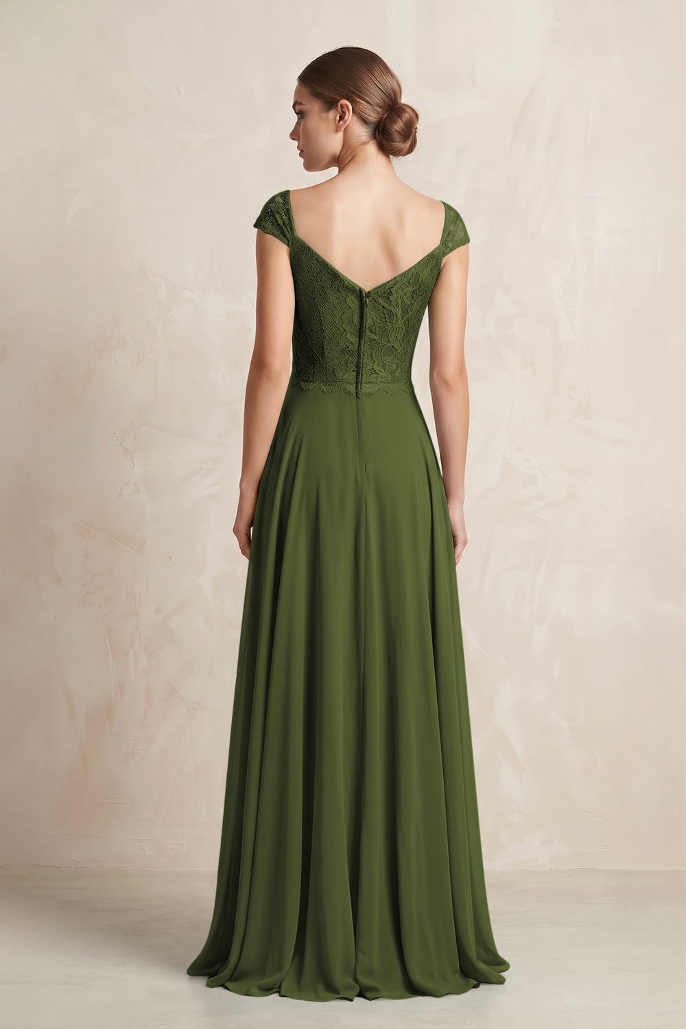 A - Line Chiffon V - Neck Pleated Bridesmaid Dress with Cap Sleeves in Olive - KISS BRIDAL Bridesmaid Dresses