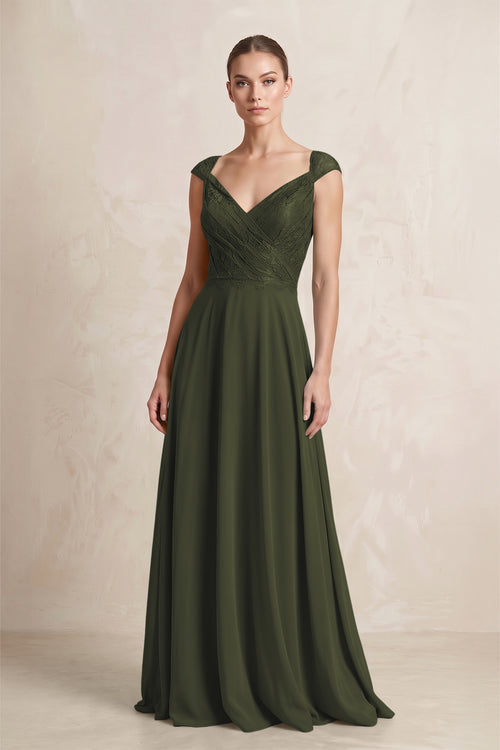A-Line Chiffon V-Neck Pleated Bridesmaid Dress with Cap Sleeves in Olive | KISSBRIDAL