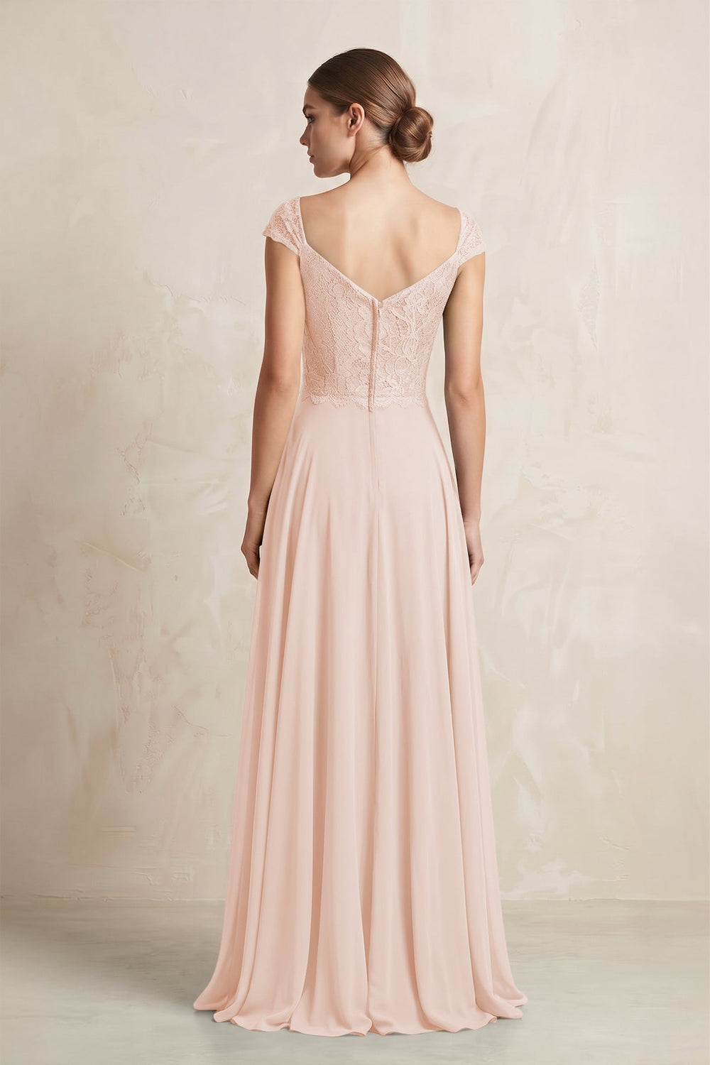 A - Line Chiffon V - Neck Pleated Bridesmaid Dress with Cap Sleeves in Pale Blush - KISS BRIDAL Bridesmaid Dresses