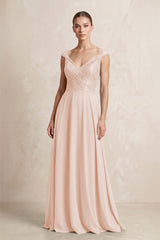 A - Line Chiffon V - Neck Pleated Bridesmaid Dress with Cap Sleeves in Pale Blush - KISS BRIDAL Bridesmaid Dresses