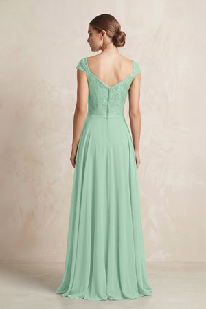 A-Line Chiffon V-Neck Pleated Bridesmaid Dress with Cap Sleeves in Pale Pistachio (2) | KISSBRIDAL