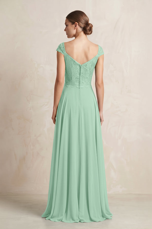 A-Line Chiffon V-Neck Pleated Bridesmaid Dress with Cap Sleeves in Pale Pistachio (2) | KISSBRIDAL