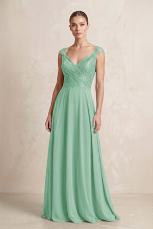 A - Line Chiffon V - Neck Pleated Bridesmaid Dress with Cap Sleeves in Pale Pistachio - KISS BRIDAL Bridesmaid Dresses