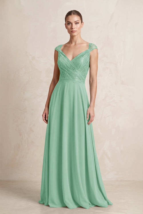 A - Line Chiffon V - Neck Pleated Bridesmaid Dress with Cap Sleeves in Pale Pistachio - KISS BRIDAL Bridesmaid Dresses