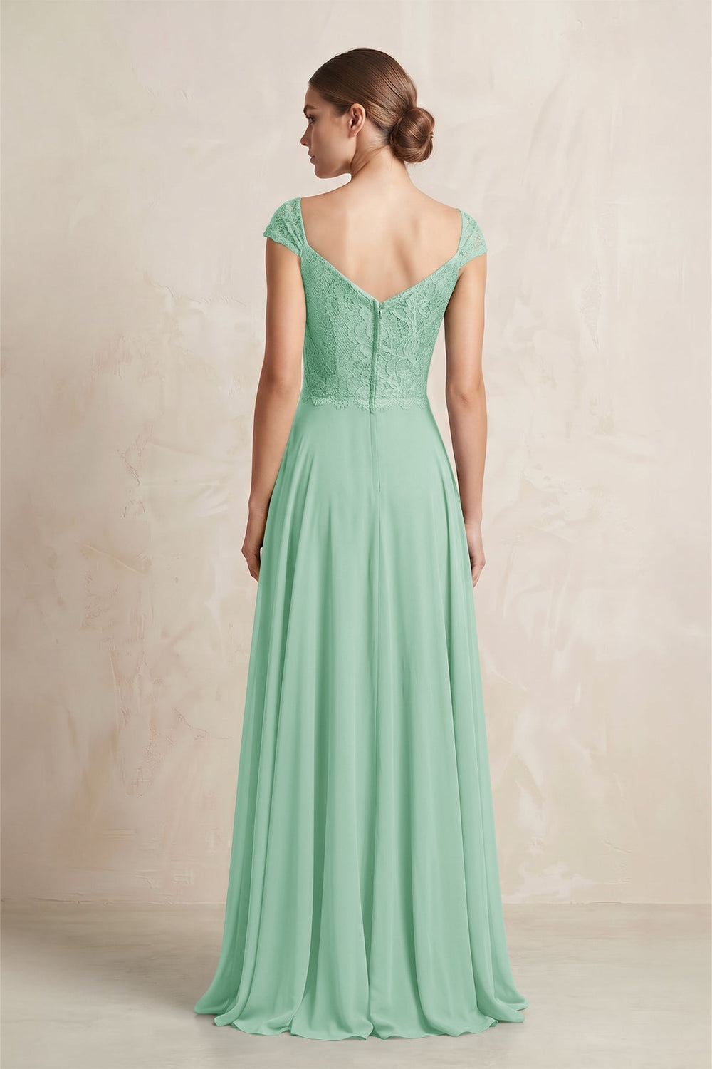 A - Line Chiffon V - Neck Pleated Bridesmaid Dress with Cap Sleeves in Pale Pistachio - KISS BRIDAL Bridesmaid Dresses