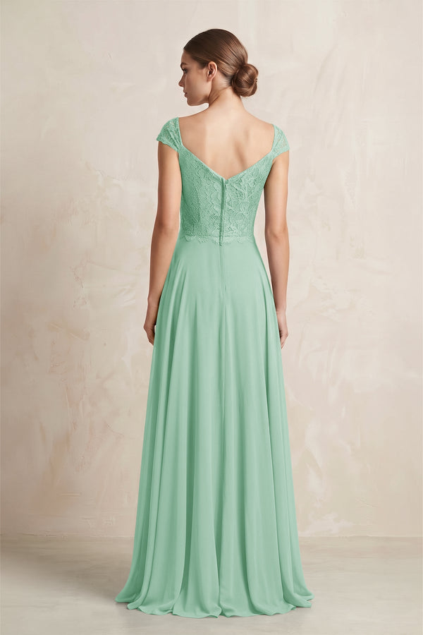 A - Line Chiffon V - Neck Pleated Bridesmaid Dress with Cap Sleeves in Pale Pistachio - KISS BRIDAL Bridesmaid Dresses