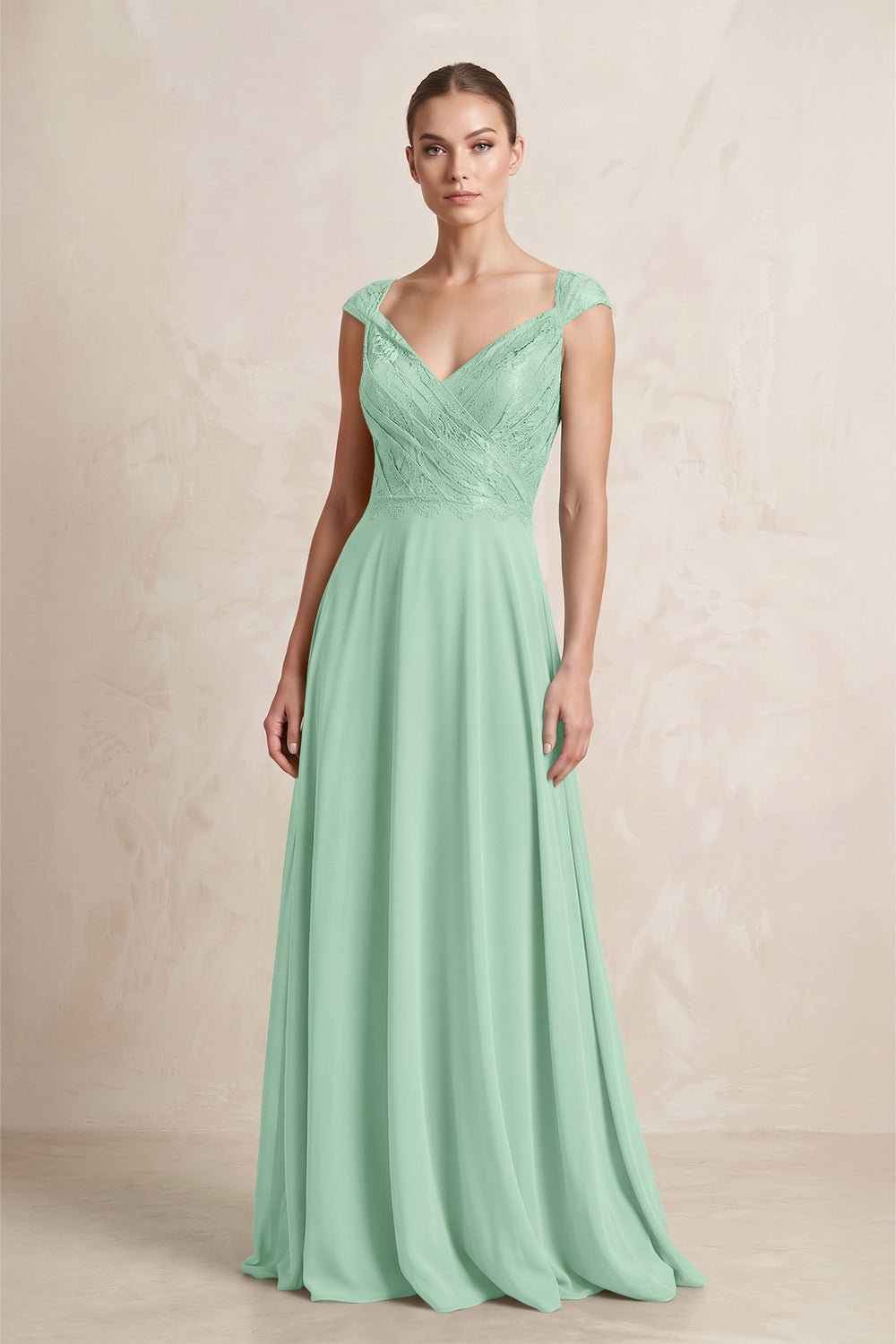 A-Line Chiffon V-Neck Pleated Bridesmaid Dress with Cap Sleeves in Pale Pistachio