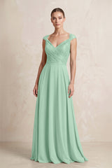 A-Line Chiffon V-Neck Pleated Bridesmaid Dress with Cap Sleeves in Pale Pistachio | KISSBRIDAL