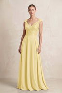 A - Line Chiffon V - Neck Pleated Bridesmaid Dress with Cap Sleeves in Pastel Yellow - KISS BRIDAL Bridesmaid Dresses