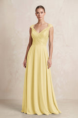 A - Line Chiffon V - Neck Pleated Bridesmaid Dress with Cap Sleeves in Pastel Yellow - KISS BRIDAL Bridesmaid Dresses
