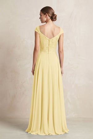 A - Line Chiffon V - Neck Pleated Bridesmaid Dress with Cap Sleeves in Pastel Yellow - KISS BRIDAL Bridesmaid Dresses