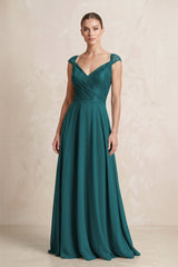 A - Line Chiffon V - Neck Pleated Bridesmaid Dress with Cap Sleeves in Pine - KISS BRIDAL Bridesmaid Dresses