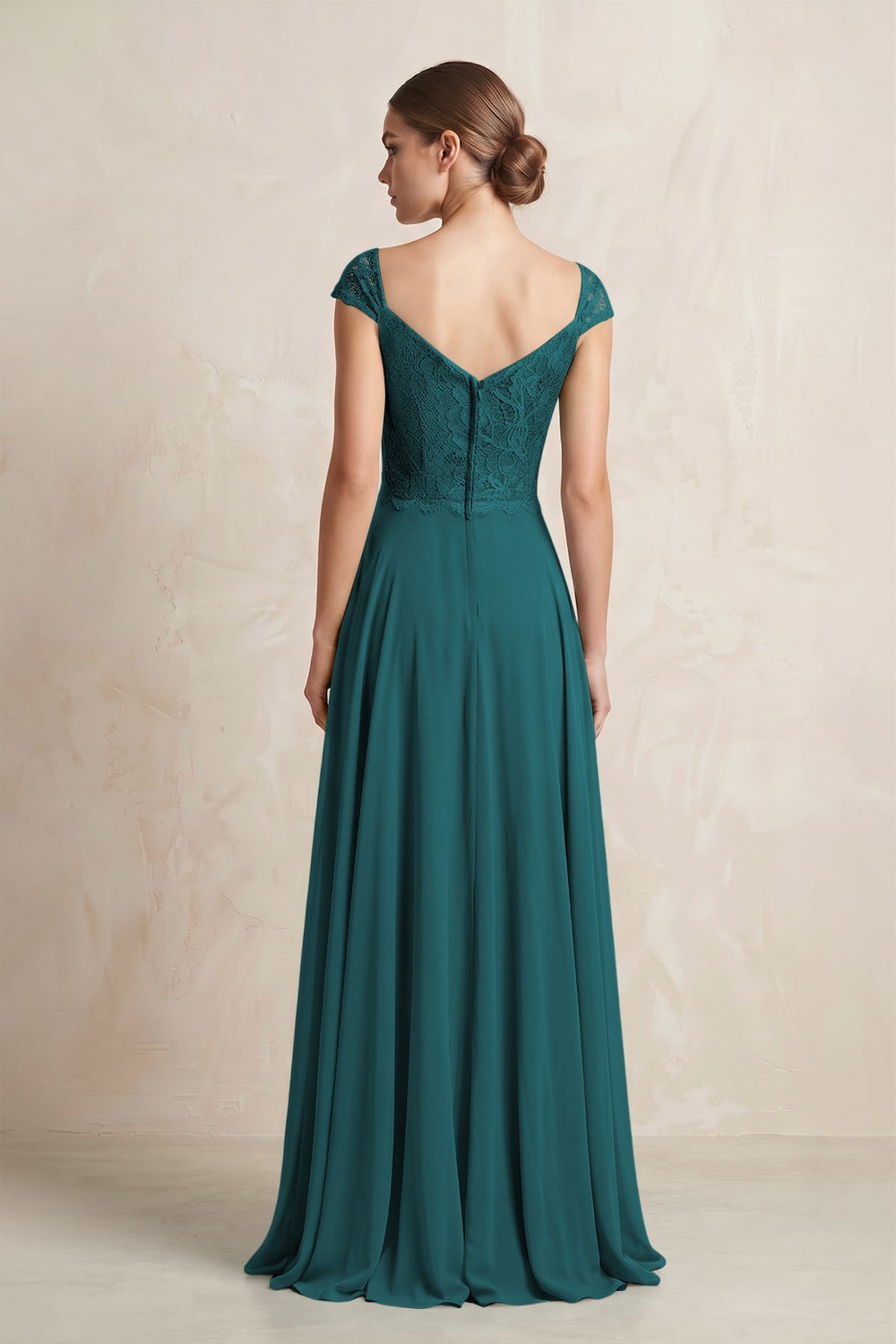 A - Line Chiffon V - Neck Pleated Bridesmaid Dress with Cap Sleeves in Pine - KISS BRIDAL Bridesmaid Dresses