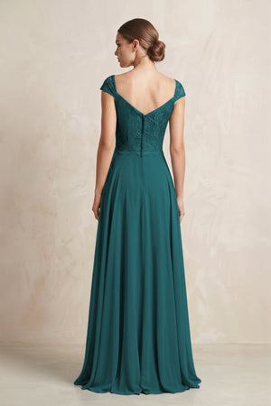 A - Line Chiffon V - Neck Pleated Bridesmaid Dress with Cap Sleeves in Pine - KISS BRIDAL Bridesmaid Dresses