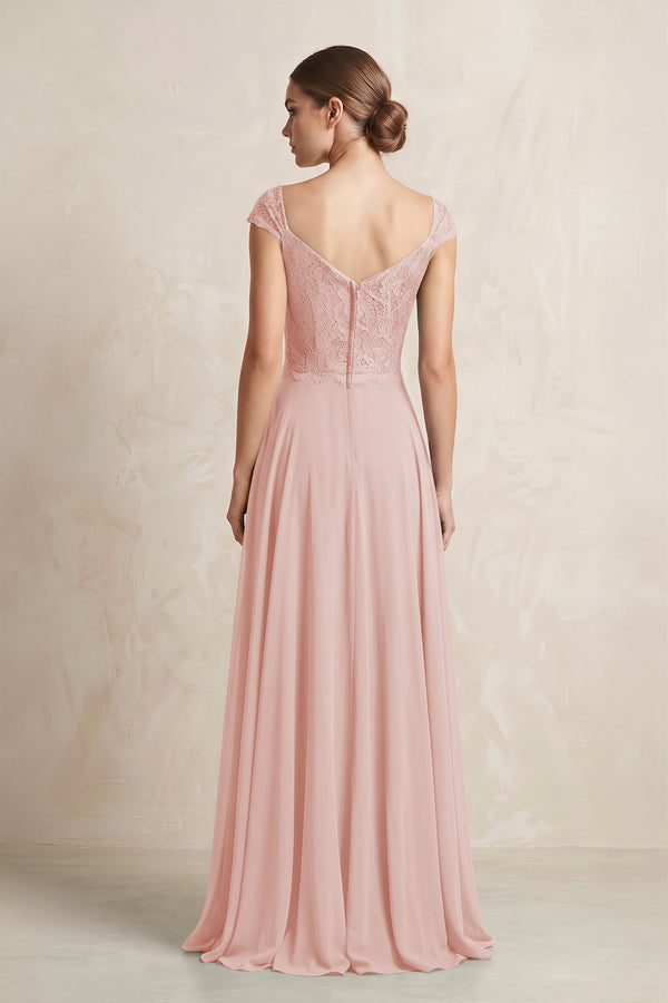 A-Line Chiffon V-Neck Pleated Bridesmaid Dress with Cap Sleeves in Rose Petal (2) | KISSBRIDAL