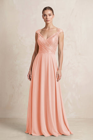 A - Line Chiffon V - Neck Pleated Bridesmaid Dress with Cap Sleeves in Rose Petal - KISS BRIDAL Bridesmaid Dresses