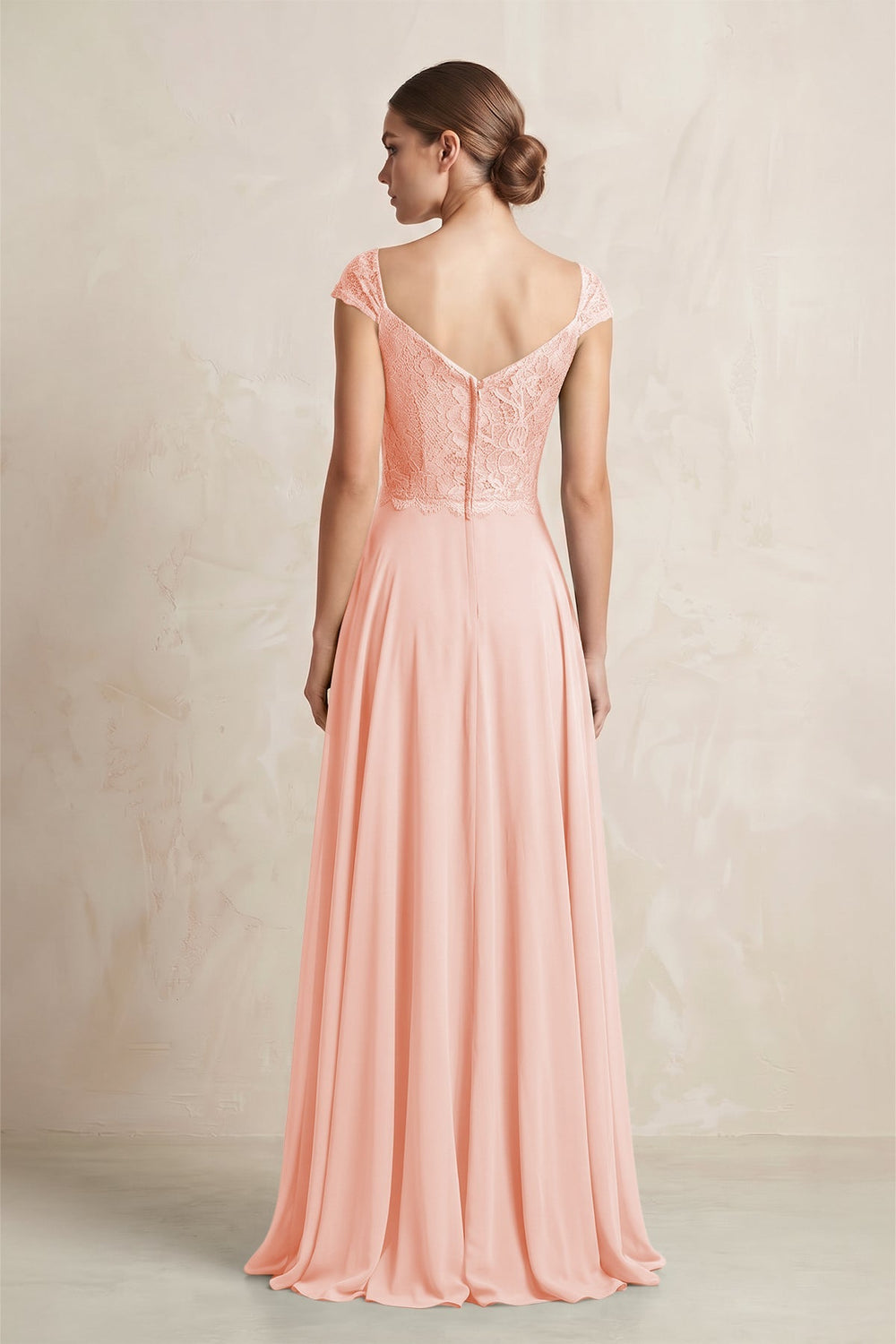 A - Line Chiffon V - Neck Pleated Bridesmaid Dress with Cap Sleeves in Rose Petal - KISS BRIDAL Bridesmaid Dresses
